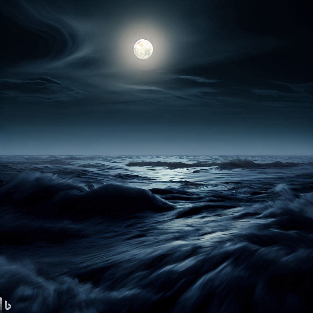 High tides in the ocean on a full moon night
