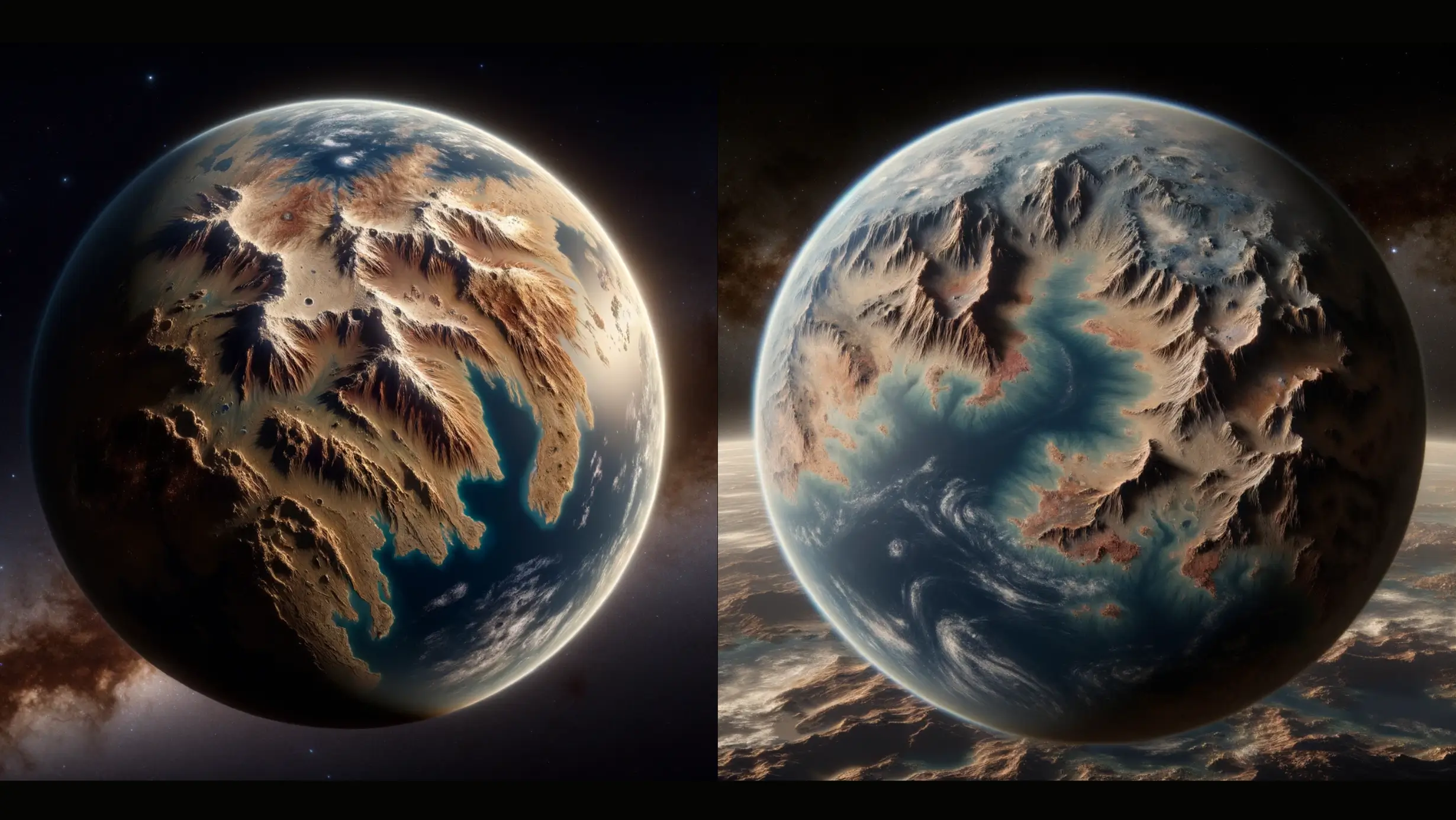 Artistic illustration of an earth like planet with water and rocks
