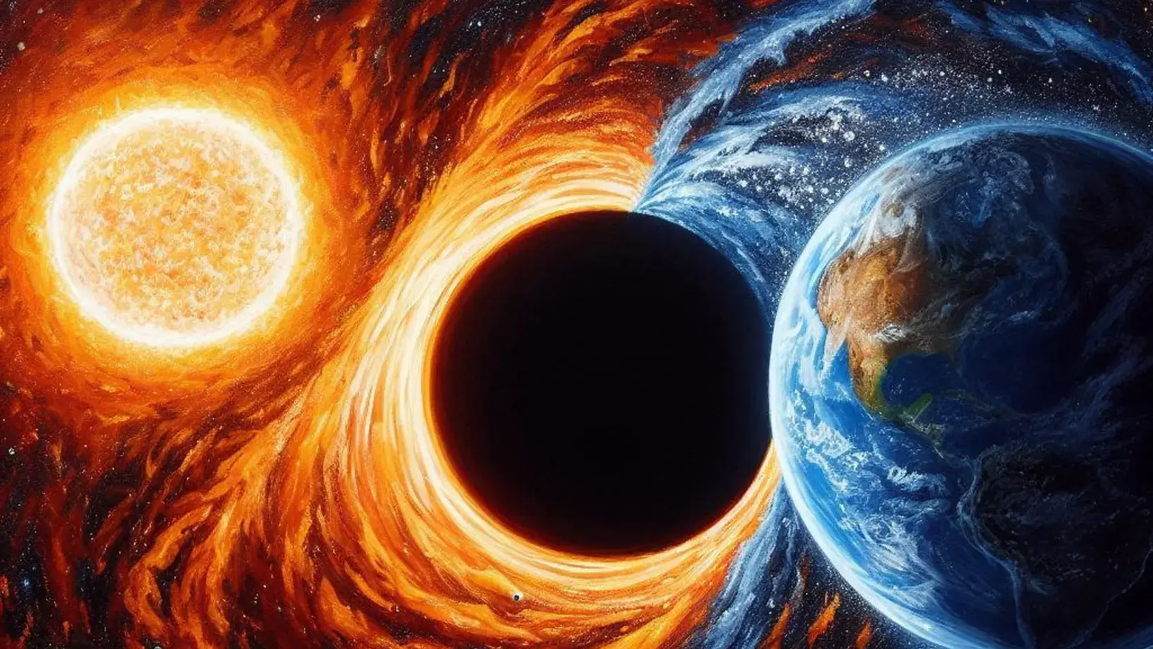 Artistic illustration of our earth facing a black hole