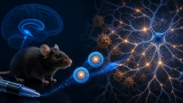 Concept illustration of a laboratory mouse, nanogel particles and neural connections in an Alzheimer’s mouse study