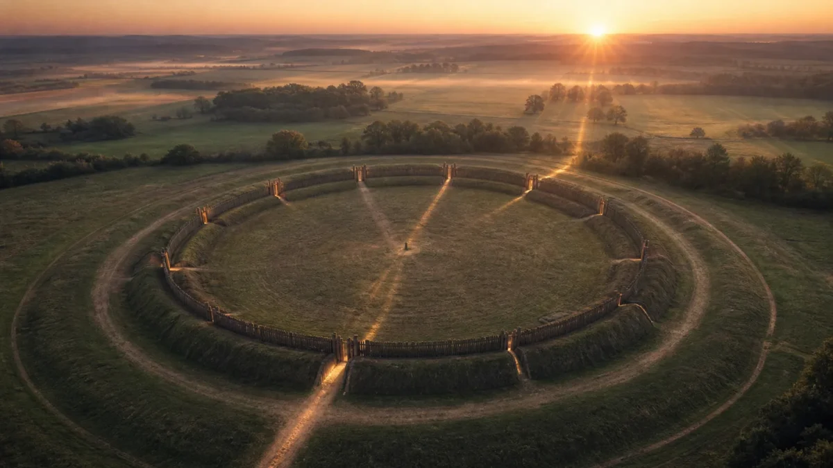 Aerial reconstruction of a circular Neolithic earth-and-timber enclosure at sunrise near Chleby in the Czech Republic