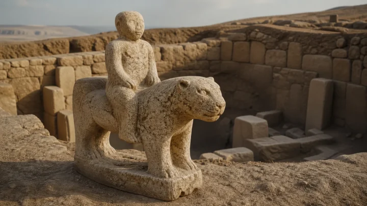 Reconstruction illustration of a stone human figure seated on a leopard at the Karahantepe archaeological site