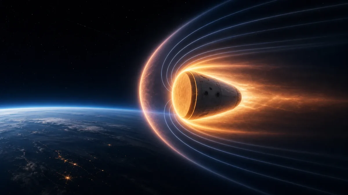 Concept illustration of a magnetic field pushing hot plasma away from a reentering spacecraft capsule