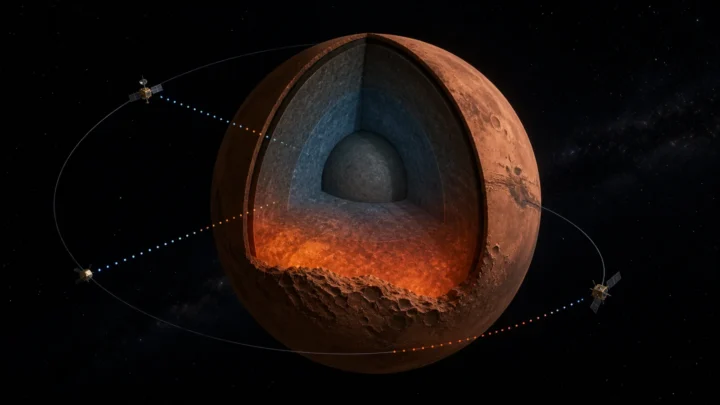 Concept cutaway illustration of Mars with a warmer region beneath the southern highlands and orbiting spacecraft.