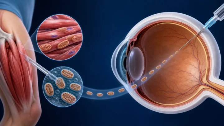 Medical concept illustration showing mitochondria moving from thigh muscle cells into the vitreous of a human eye