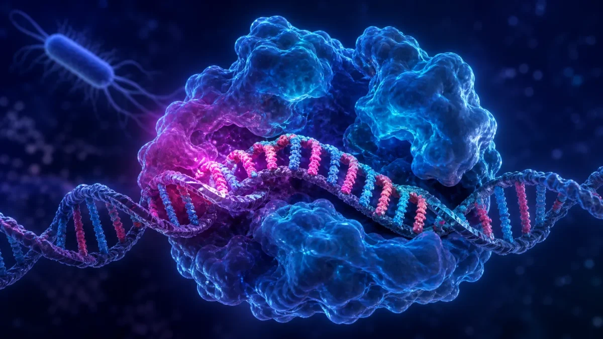 Molecular concept illustration of an enzyme guiding the formation of a repeating DNA strand in a bacterial defense system