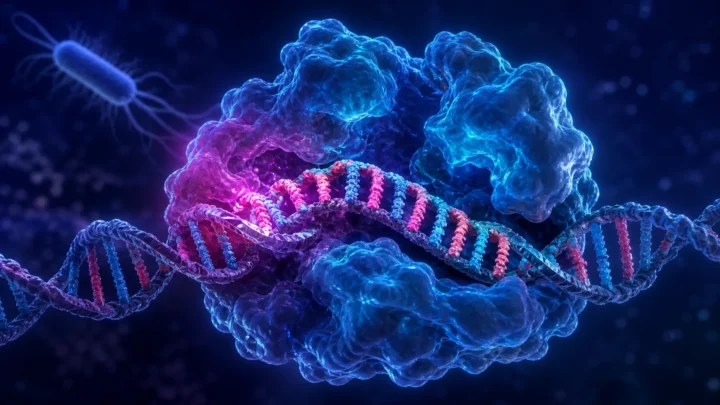 Molecular concept illustration of an enzyme guiding the formation of a repeating DNA strand in a bacterial defense system