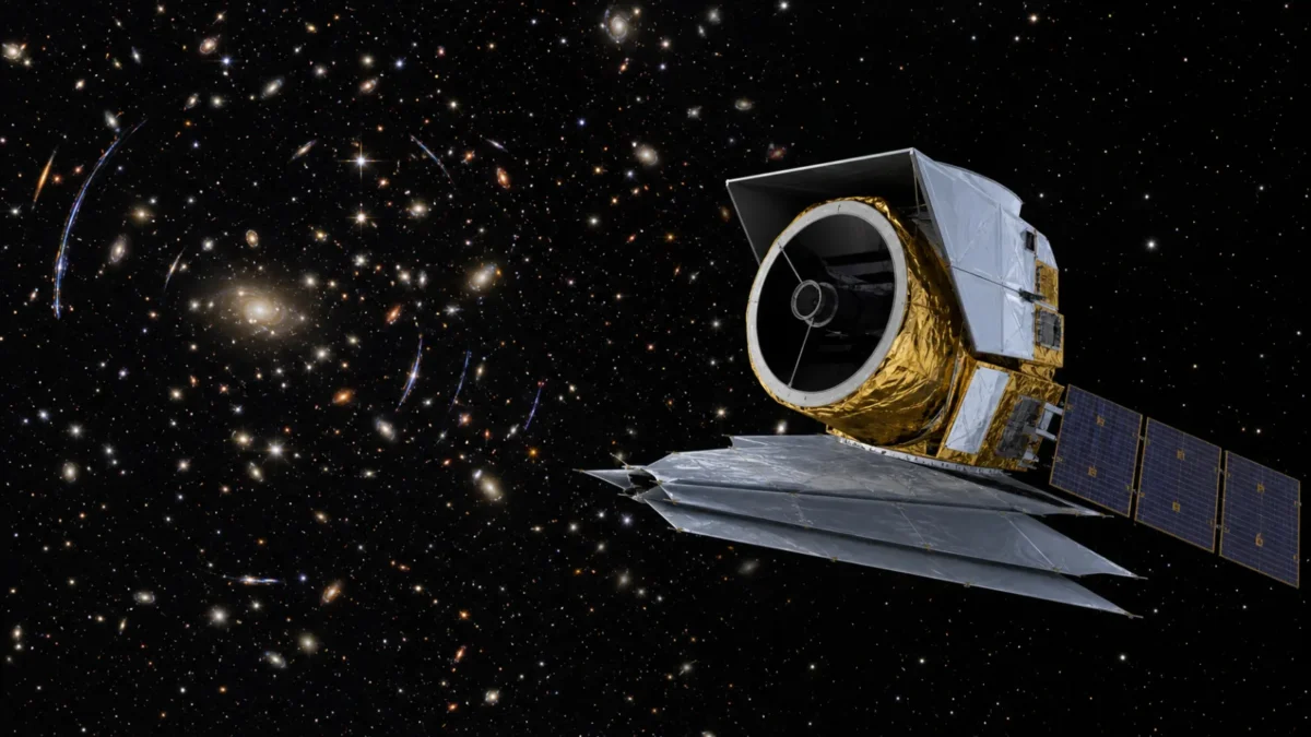 Concept illustration of the Nancy Grace Roman Space Telescope surveying a field of distant galaxies