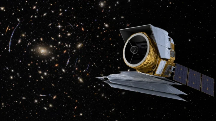 Concept illustration of the Nancy Grace Roman Space Telescope surveying a field of distant galaxies