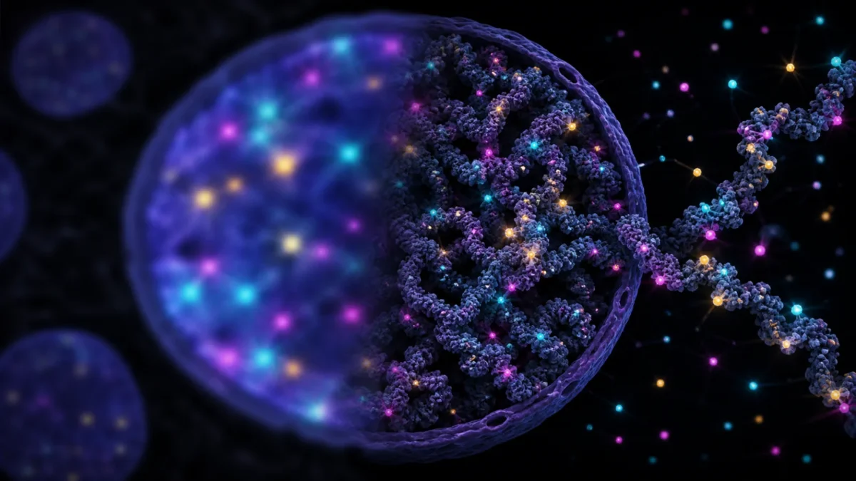 Concept illustration of blinking fluorescent probes revealing folded chromatin inside a cell nucleus