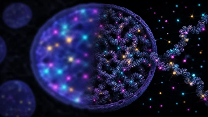Concept illustration of blinking fluorescent probes revealing folded chromatin inside a cell nucleus