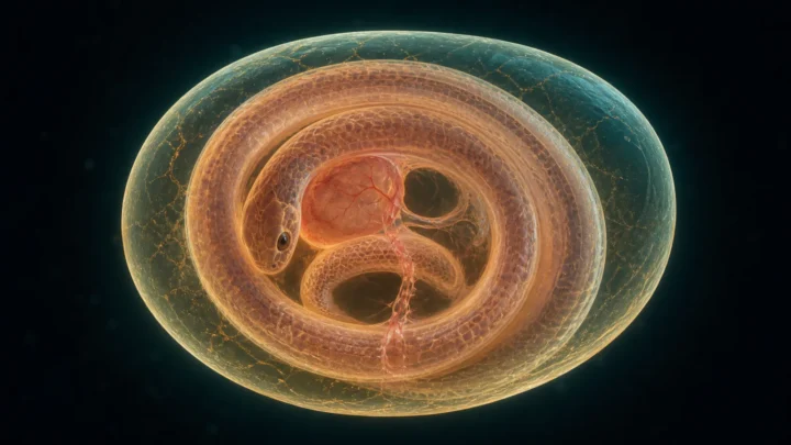 Concept illustration of a coiled snake embryo inside a translucent egg.