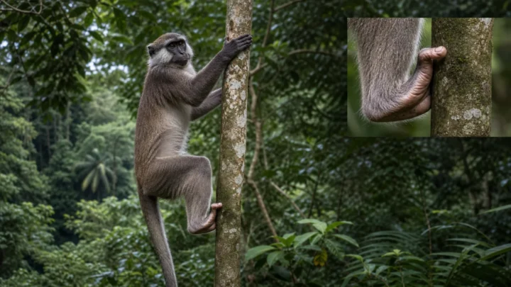 Concept illustration of a sooty mangabey flexing its foot around a narrow tree trunk.