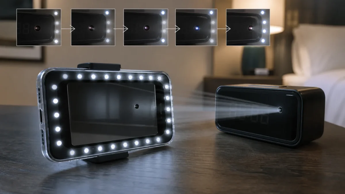 Concept illustration of a smartphone LED case examining a clock for a concealed camera lens
