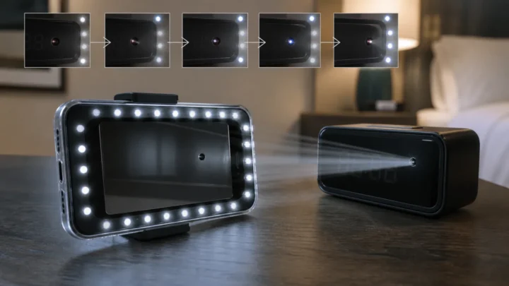 Concept illustration of a smartphone LED case examining a clock for a concealed camera lens