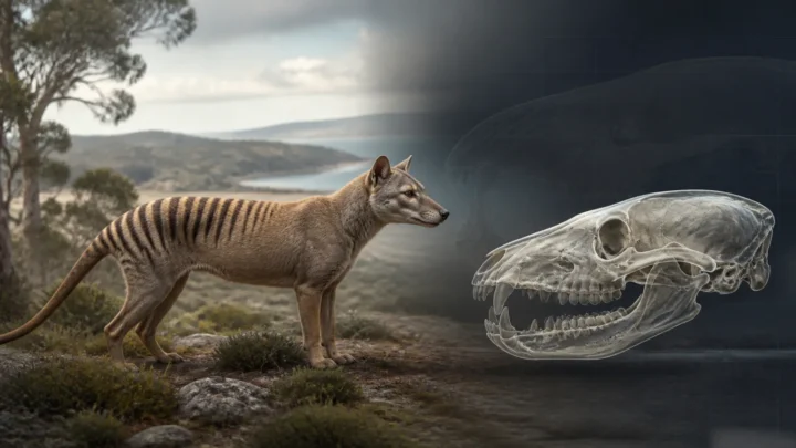 Concept illustration of a thylacine beside a transparent visualization of its long, narrow skull.