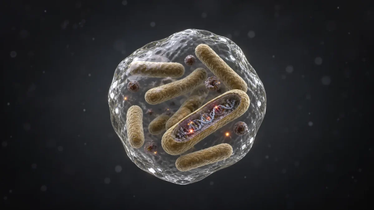 Concept illustration of tuberculosis bacteria inside a drying airborne droplet with DNA damage