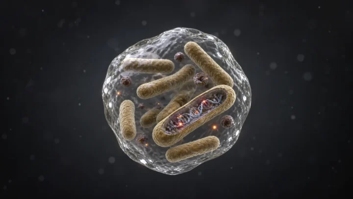 Concept illustration of tuberculosis bacteria inside a drying airborne droplet with DNA damage