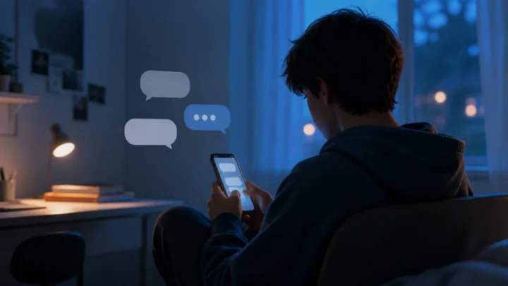 Concept illustration of an anonymous teenager using a conversational AI interface in a quiet room.