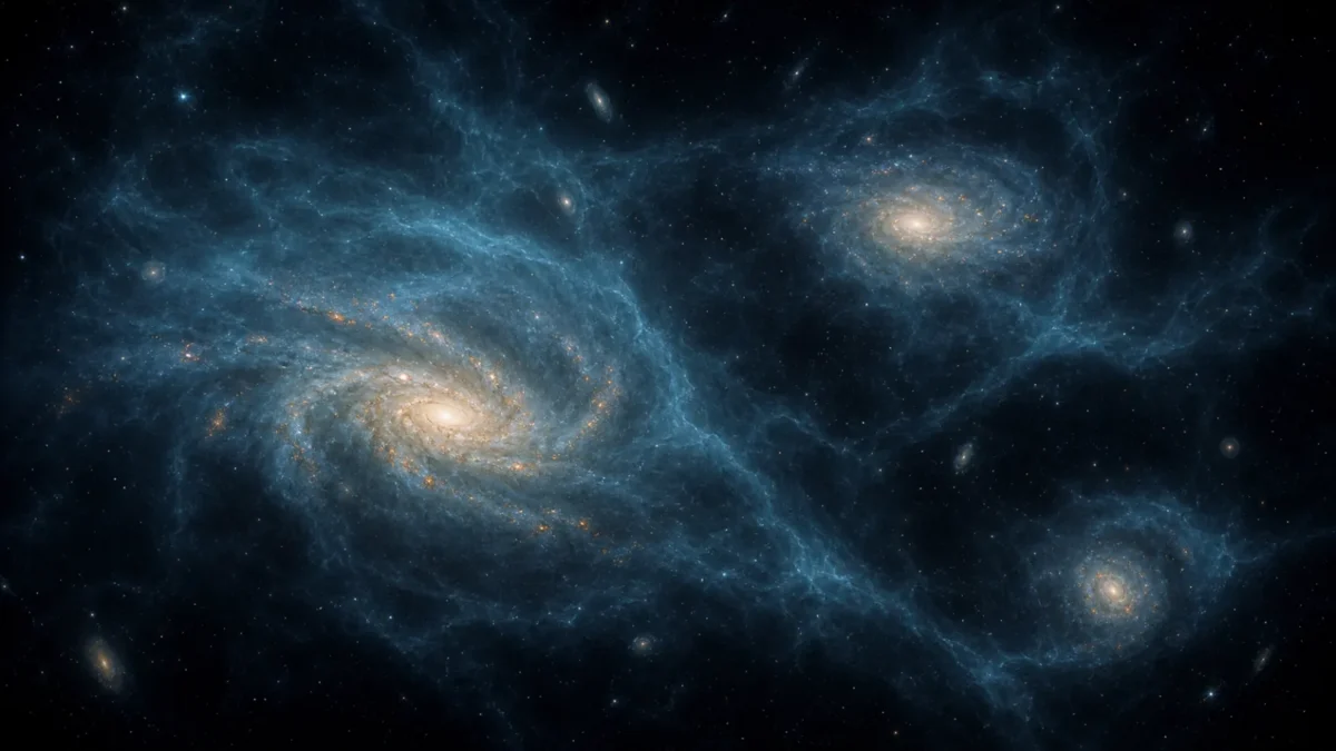 Concept illustration of galaxies surrounded by diffuse atomic hydrogen with scattered star-forming regions