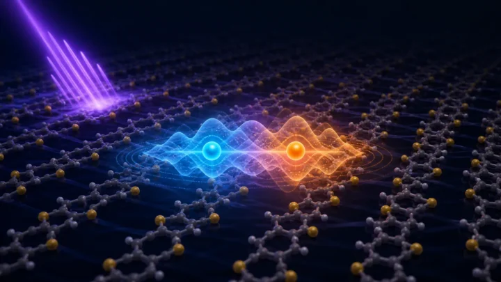 Concept illustration of an electron-hole pair wave packet in an ordered organic semiconductor film