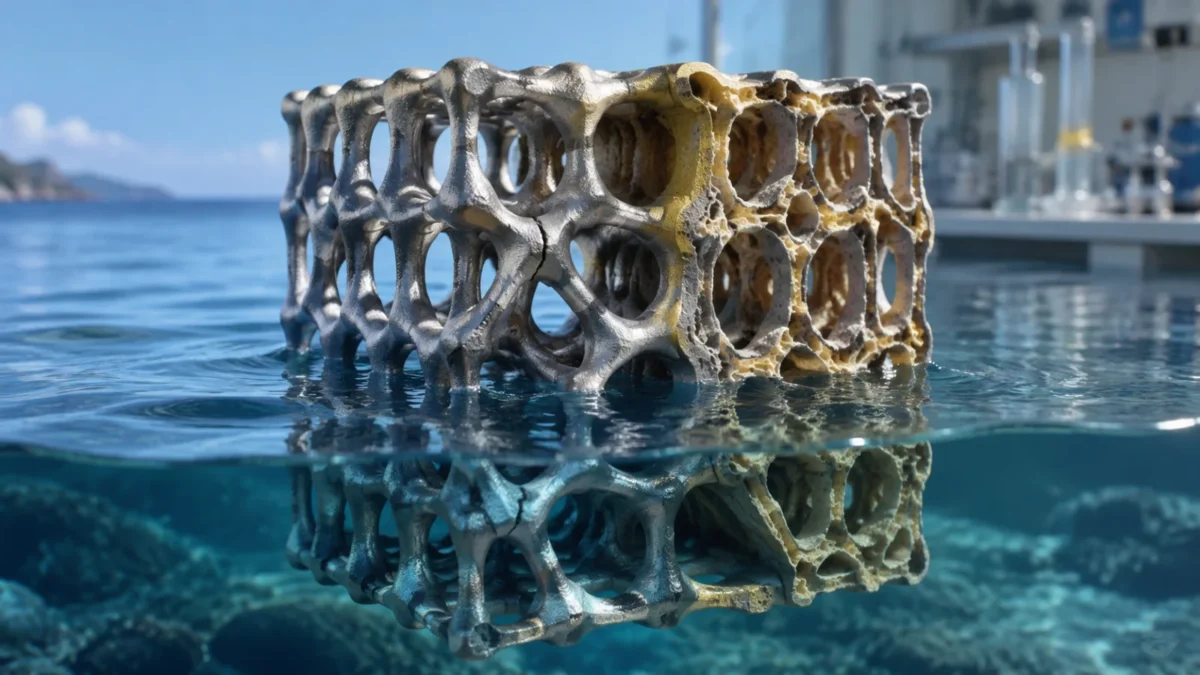 Concept cutaway of a porous titanium lattice with foam-filled hollow struts floating in seawater