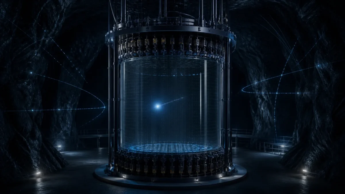 Concept illustration of an underground liquid-xenon detector recording one unexplained flash