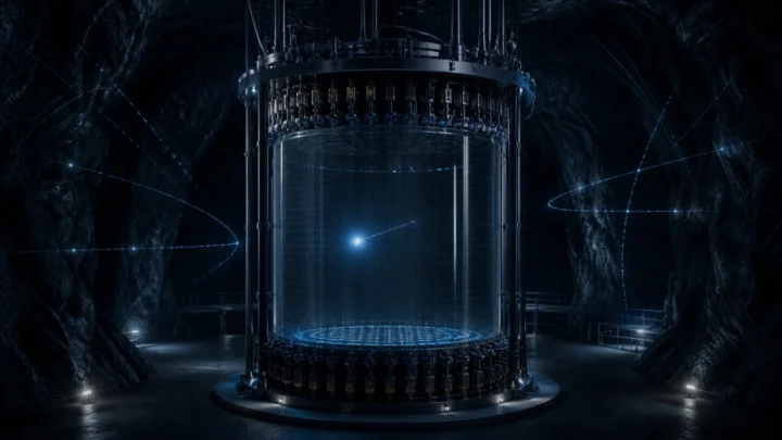 Concept illustration of an underground liquid-xenon detector recording one unexplained flash