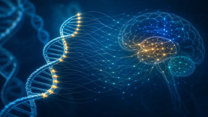 Concept illustration connecting highlighted DNA variants with neural circuits in the human brain