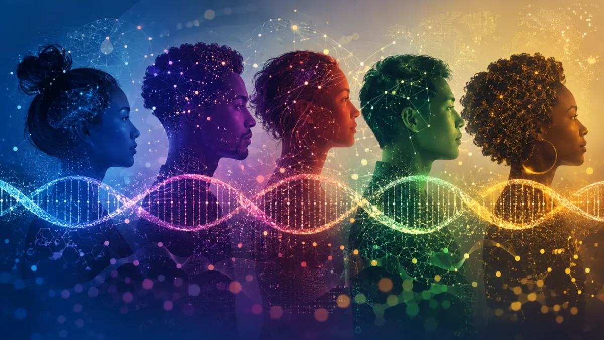 Five diverse human profiles connected by a DNA helix and many small genetic variant markers
