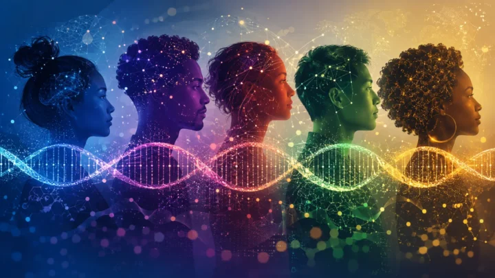 Five diverse human profiles connected by a DNA helix and many small genetic variant markers