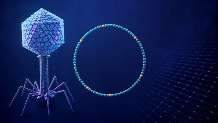 Concept illustration of bacteriophage Phi X 174 beside its circular DNA genome with highlighted mutations