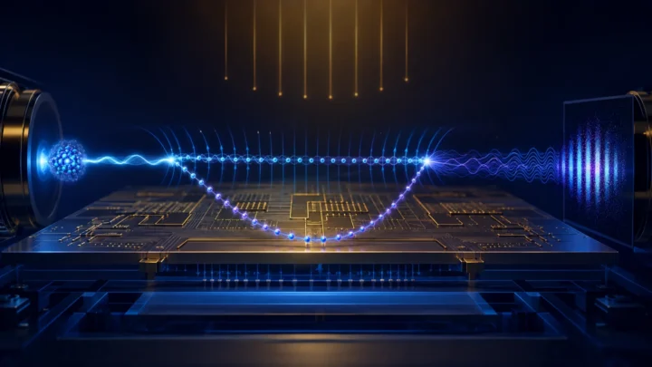 Concept illustration of an atomic matter wave splitting into held and freely falling paths above an atom chip