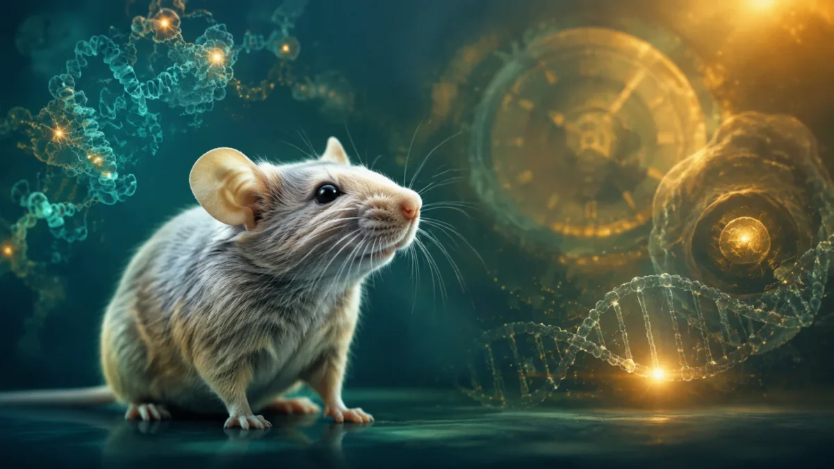 Concept illustration of an older laboratory mouse with molecular and cellular aging motifs