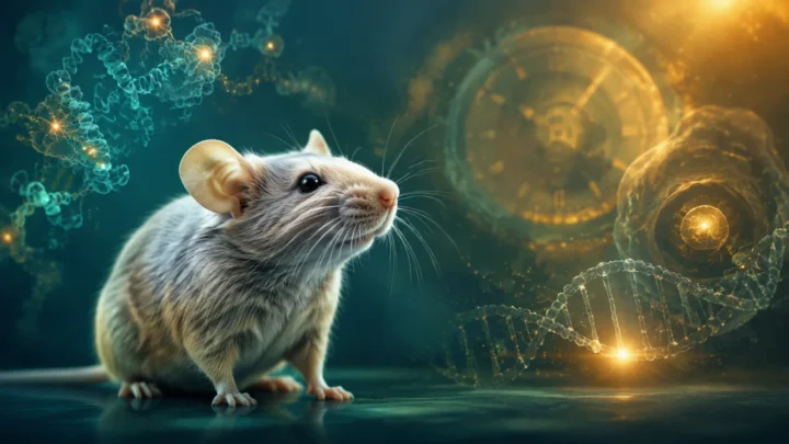 Concept illustration of an older laboratory mouse with molecular and cellular aging motifs