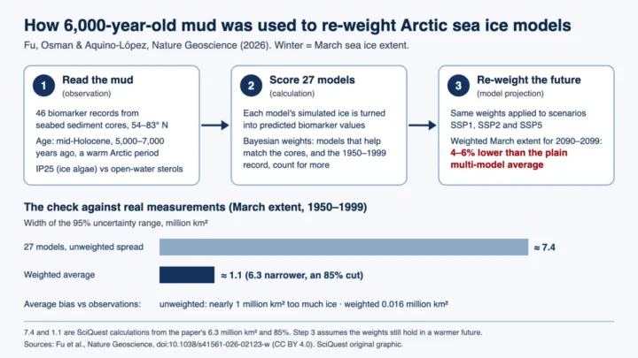 Diagram of how 46 mid-Holocene seabed biomarker records were used to weight 27 climate models, narrowing the 1950-1999 March Arctic sea ice uncertainty range from about 7.4 to 1.1 million km2 and lowering 2090-2099 projections by 4-6%