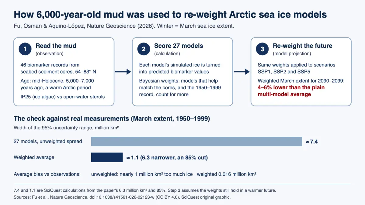 Diagram of how 46 mid-Holocene seabed biomarker records were used to weight 27 climate models, narrowing the 1950-1999 March Arctic sea ice uncertainty range from about 7.4 to 1.1 million km2 and lowering 2090-2099 projections by 4-6%