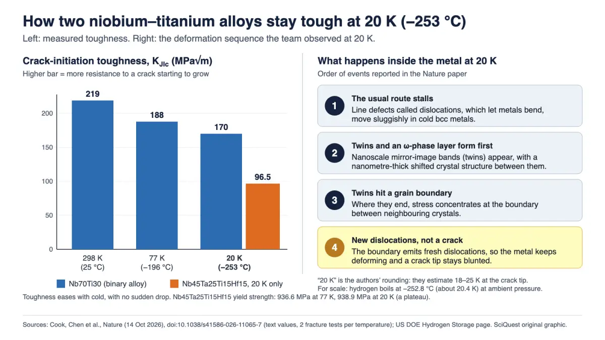 Bar chart: crack-initiation toughness of Nb70Ti30 falls gradually from 219 MPa√m at 298 K to 188 at 77 K and 170 at 20 K, and Nb45Ta25Ti15Hf15 measures 96.5 at 20 K; a diagram shows twins with an omega-phase layer making grain boundaries emit new dislocations instead of cracks.