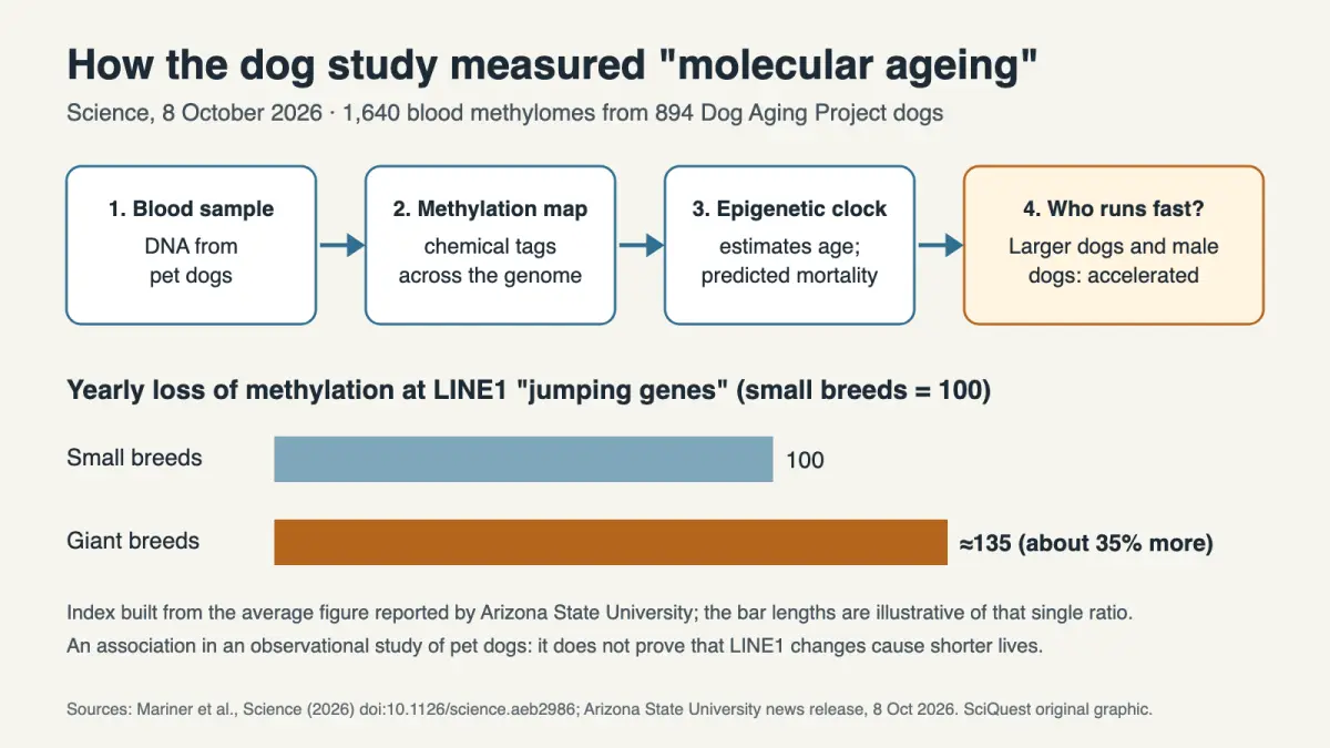 How the dog study measured molecular ageing from blood samples, with giant breeds losing about 35% more LINE1 methylation per year than small breeds