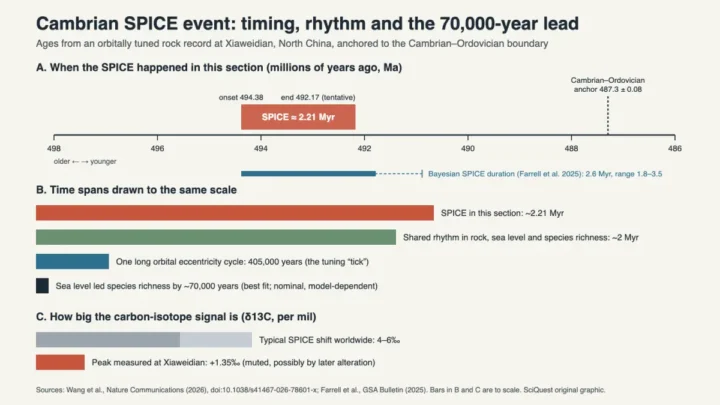 Timeline and scale bars: the SPICE at Xiaweidian ran from about 494.38 to 492.17 million years ago (about 2.21 million years), close to a 2.6-million-year Bayesian estimate; a shared 2-million-year rhythm and a 70,000-year sea-level lead are drawn to scale; the site's +1.35 per mil peak is far smaller than the typical 4 to 6 per mil shift.