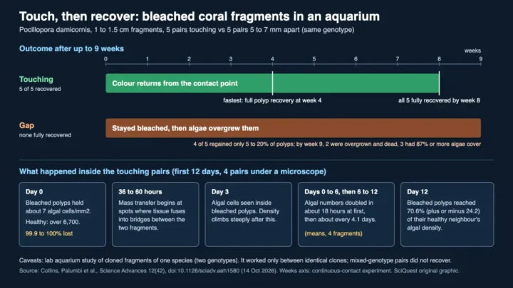 Timeline of a coral aquarium study: five bleached fragments touching a healthy clone recovered by week 8, five held 5 to 7 mm apart did not