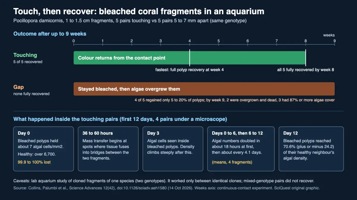 Timeline of a coral aquarium study: five bleached fragments touching a healthy clone recovered by week 8, five held 5 to 7 mm apart did not