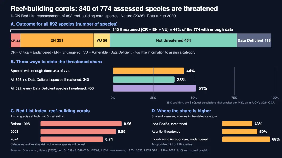 Four bar charts of the 2026 reassessment of 892 reef-building coral species: 340 threatened, 434 not threatened, 118 Data Deficient, and a 38 to 51 percent range for the threatened share.