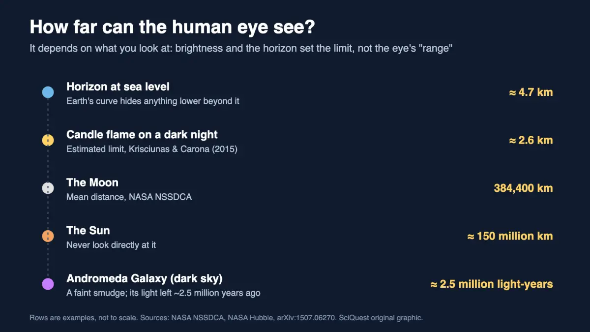 How far the eye can see: the sea-level horizon at about 4.7 km, a candle flame at 2.6 km, the Moon, the Sun and the Andromeda Galaxy 2.5 million light-years away