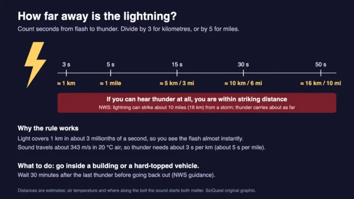 Flash-to-bang timeline: 3 seconds is about 1 km and 5 seconds about 1 mile; hearing thunder at all means you are within striking distance