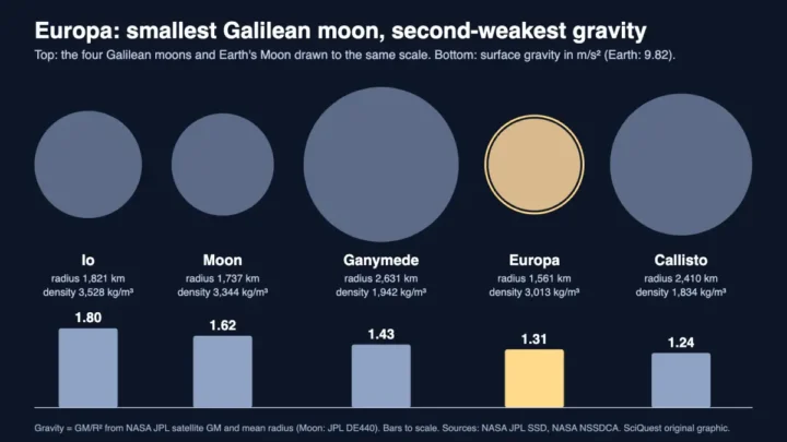 Europa, Io, Ganymede, Callisto and Earth's Moon drawn to scale with a bar chart of surface gravity: Io 1.80, Moon 1.62, Ganymede 1.43, Europa 1.31 and Callisto 1.24 m/s²
