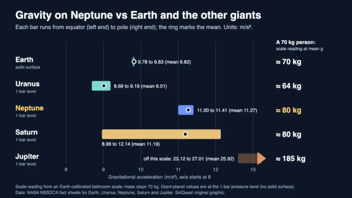Chart of gravity from equator to pole: Neptune 11.00 to 11.41 m/s² (mean 11.27), Earth 9.78 to 9.83, Uranus 8.69 to 9.19, Saturn 8.96 to 12.14 and Jupiter 23.12 to 27.01; a 70 kg person would read about 80 kg on an Earth scale on Neptune.