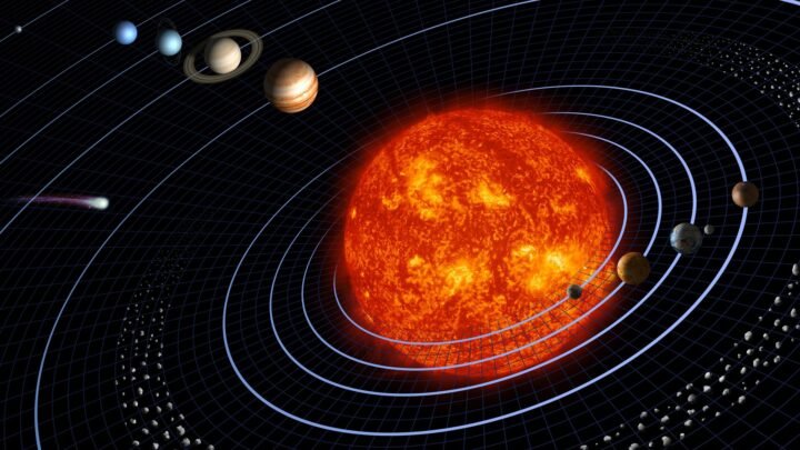 Illustration of the Sun with the eight planets on their orbits, from Mercury near the Sun out to Jupiter, Saturn, Uranus and Neptune, plus the asteroid belt and a comet