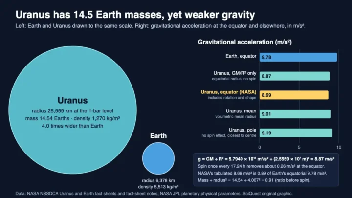 Diagram comparing Uranus and Earth drawn to scale beside a bar chart of gravitational acceleration: Earth's equator 9.78 m/s², Uranus 8.87 from GM/R² alone, 8.69 at the equator in NASA tables, 9.01 mean and 9.19 at the poles
