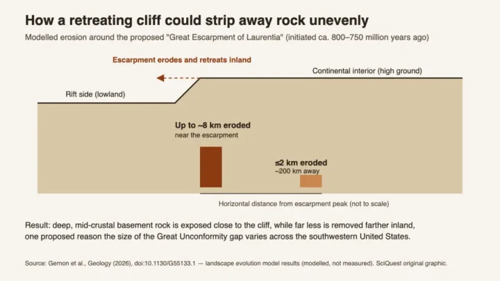 Cross-section of a continental-scale cliff, with modelled erosion of up to about 8 km near the escarpment falling to 2 km or less about 200 km away